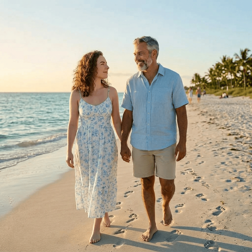 Couple holding hands walking barefoot on the beach near ocean water at sunset